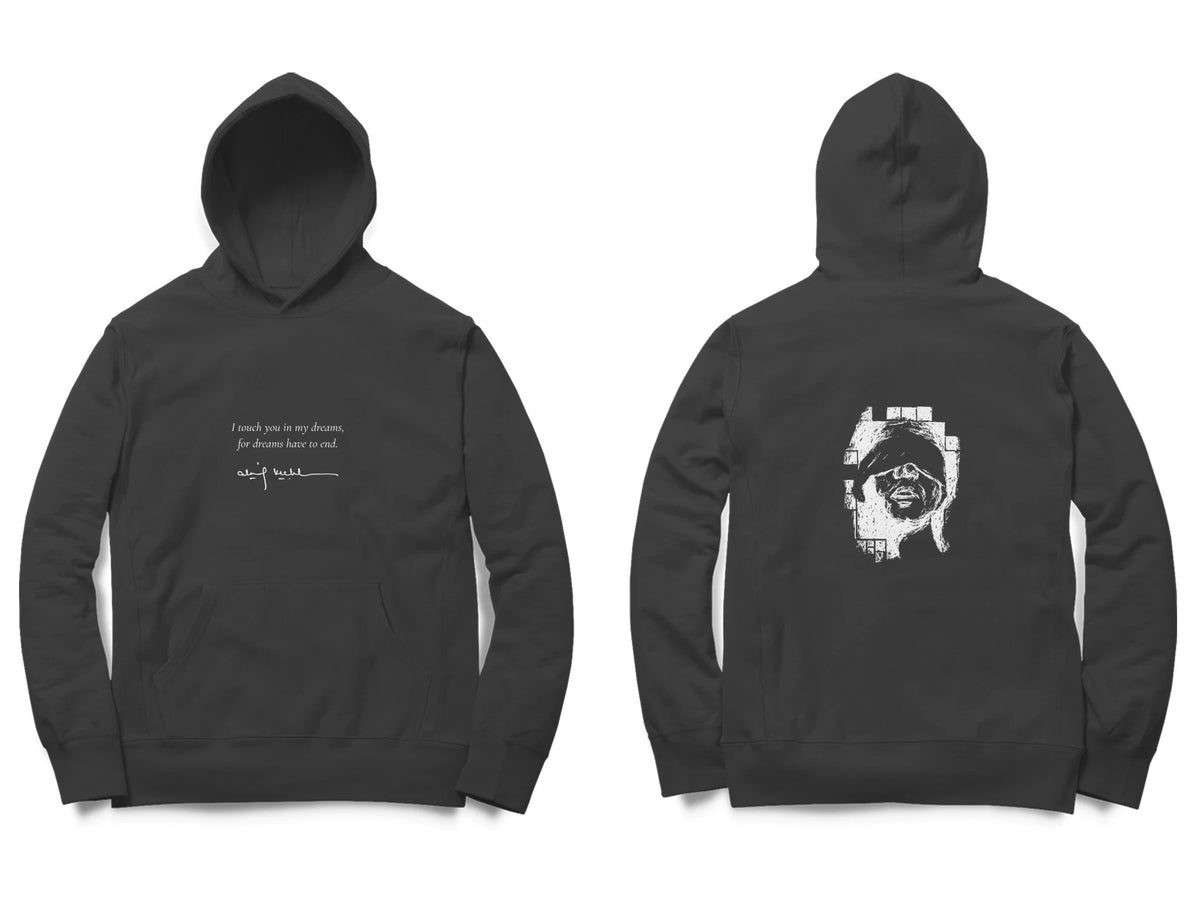 Blindfold Hoodie – Poem front, sketch back – Black (front and back)