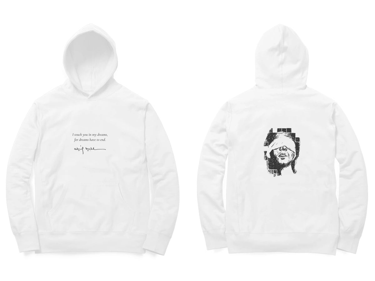 Blindfold Hoodie – Poem front, sketch back – White (front and back)