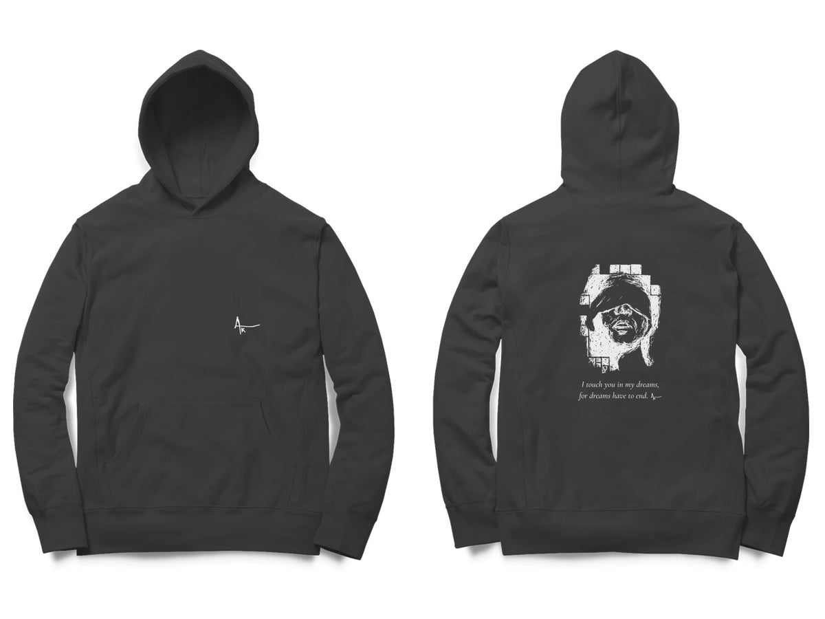Blindfold Hoodie – Ak logo front, sketch + poem back – Black (front and back)