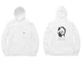 Blindfold Hoodie – Ak logo front, sketch + poem back – White (front and back)
