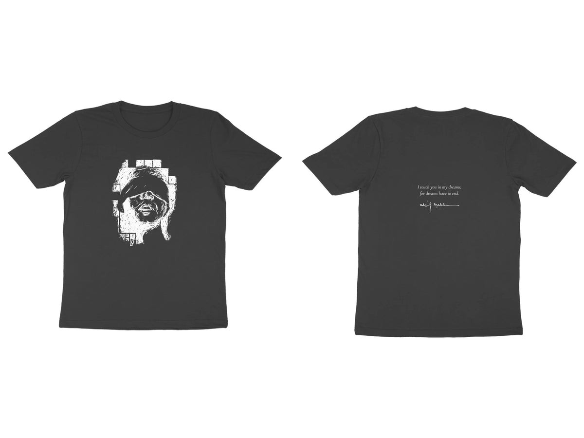Blindfold Tee – Sketch front, poem back – Black (front and back)