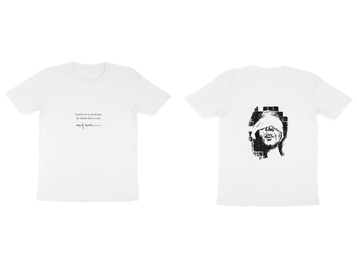 Blindfold Tee – Poem front, sketch back – White (front and back)