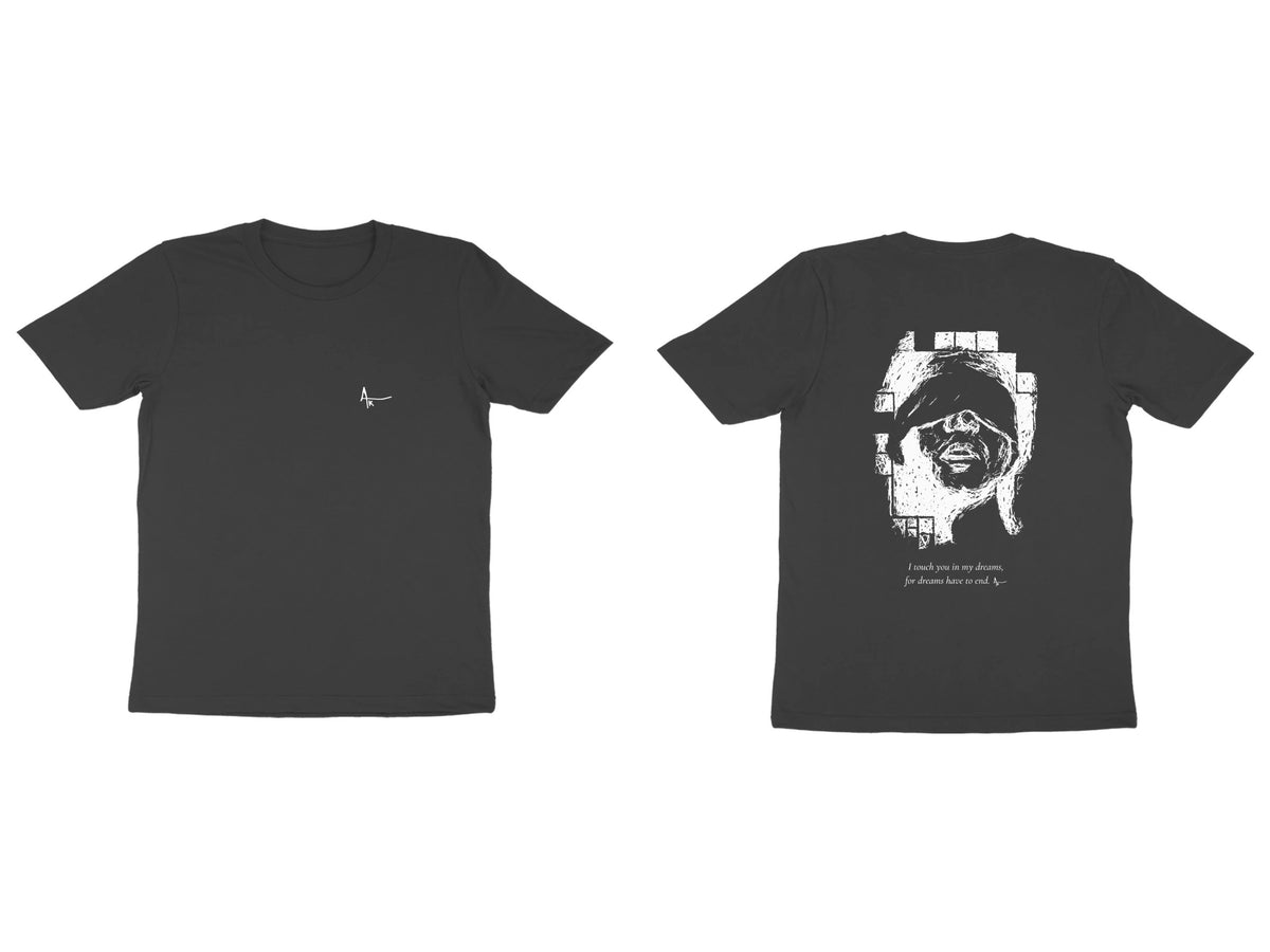 Blindfold Tee – Ak logo front, sketch + poem back – Black (front and back)