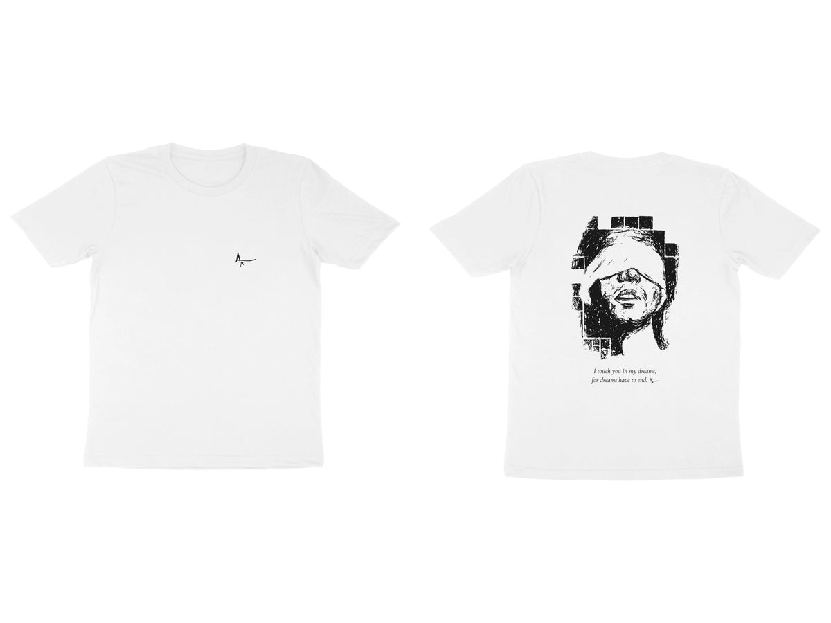 Blindfold Tee – Ak logo front, sketch + poem back – White (front and back)