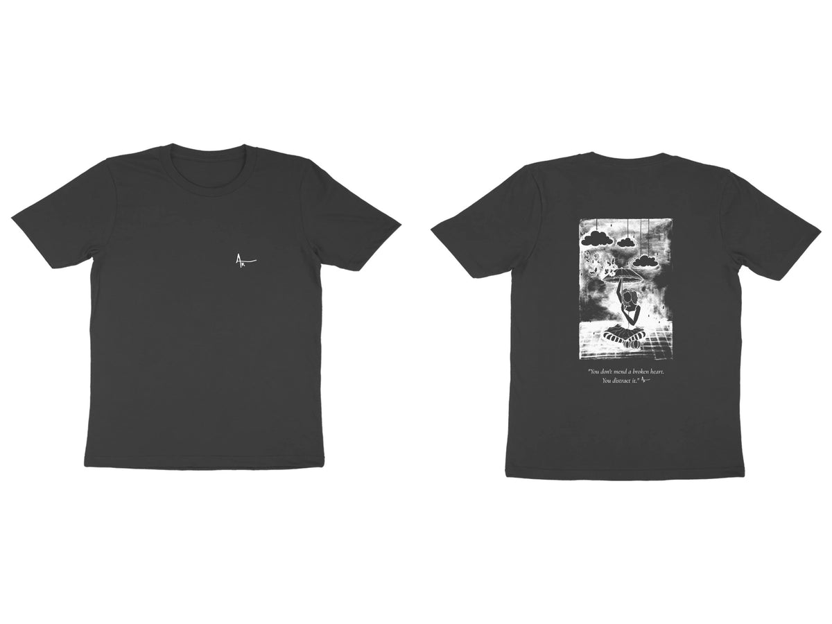 Cloud Dreamer Tee – Ak logo front, sketch + poem back – Black (front and back)