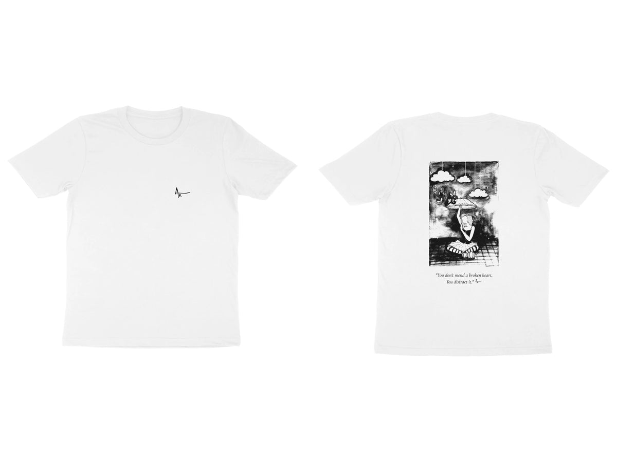 Cloud Dreamer Tee – Ak logo front, sketch + poem back – White (front and back)