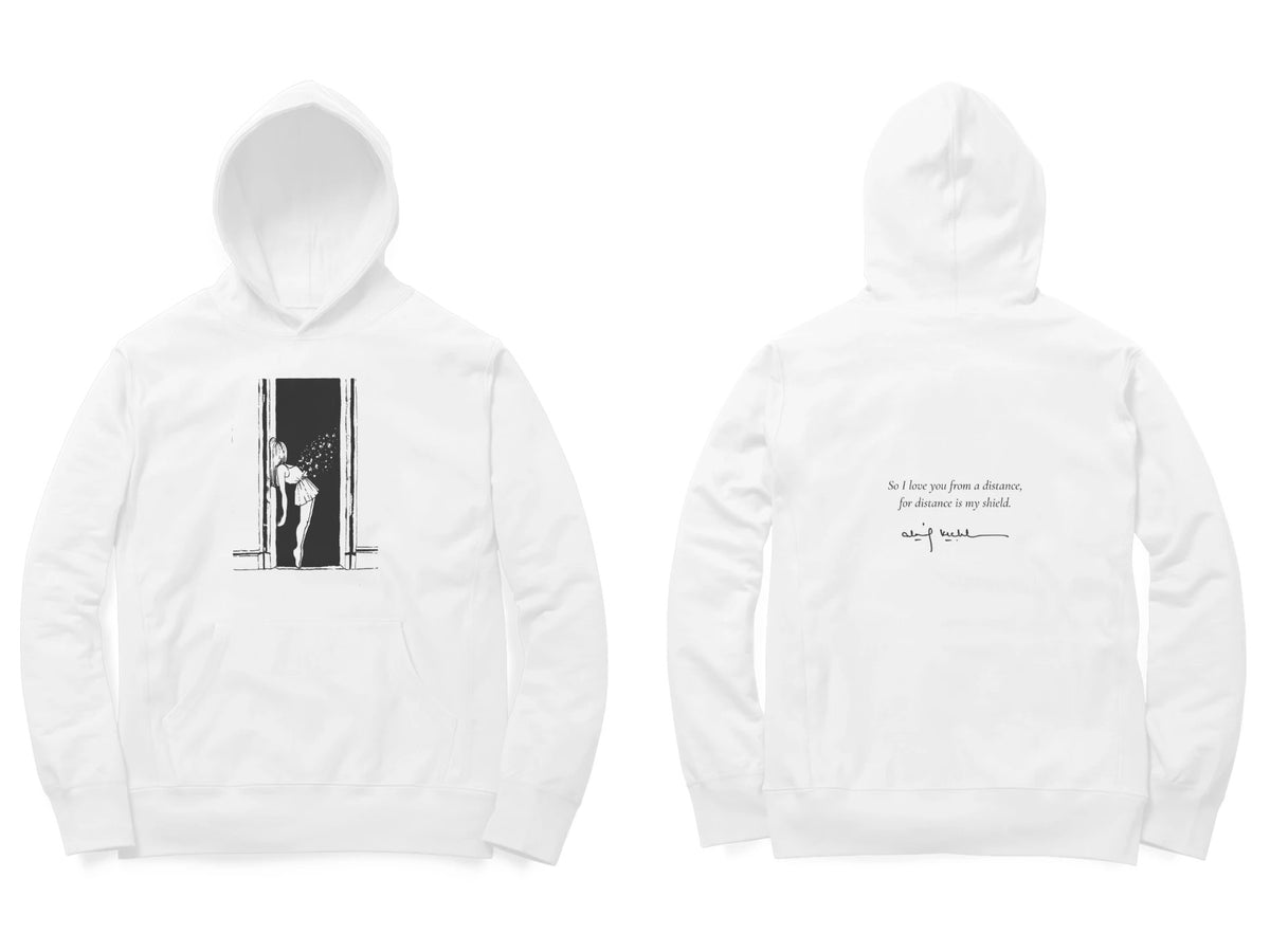Doorway Hoodie – Sketch front, poem back – White (front and back)