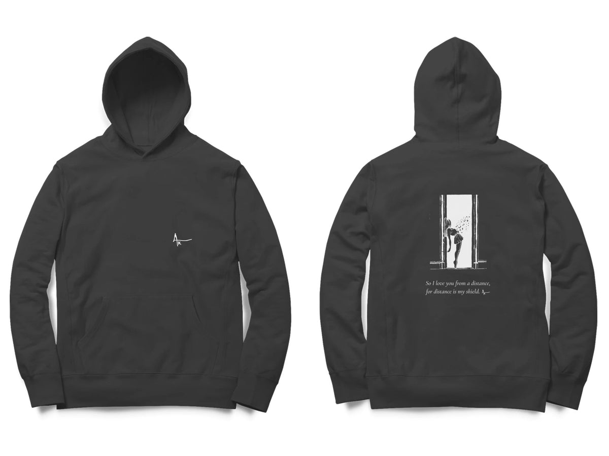 Doorway Hoodie – Ak logo front, sketch + poem back – Black (front and back)
