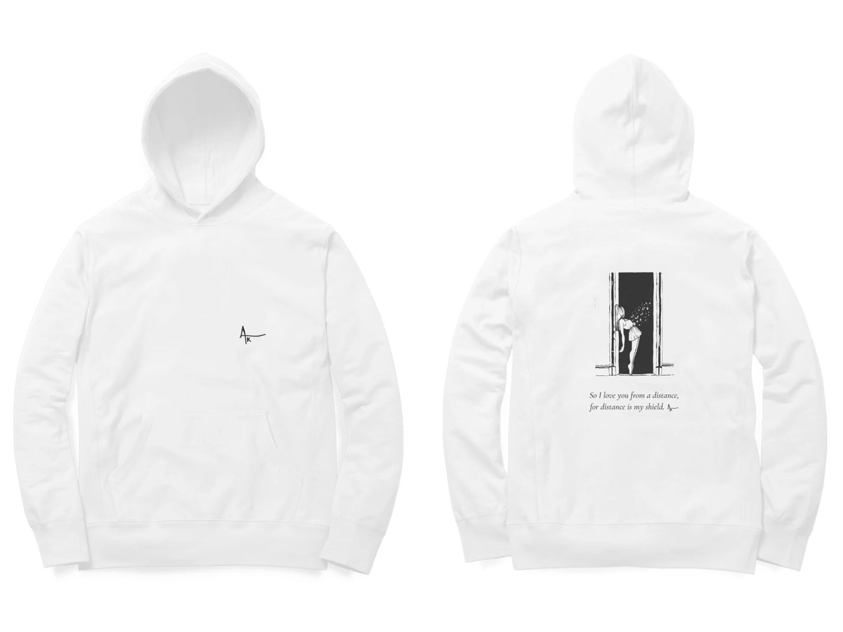 Doorway Hoodie – Ak logo front, sketch + poem back – White (front and back)