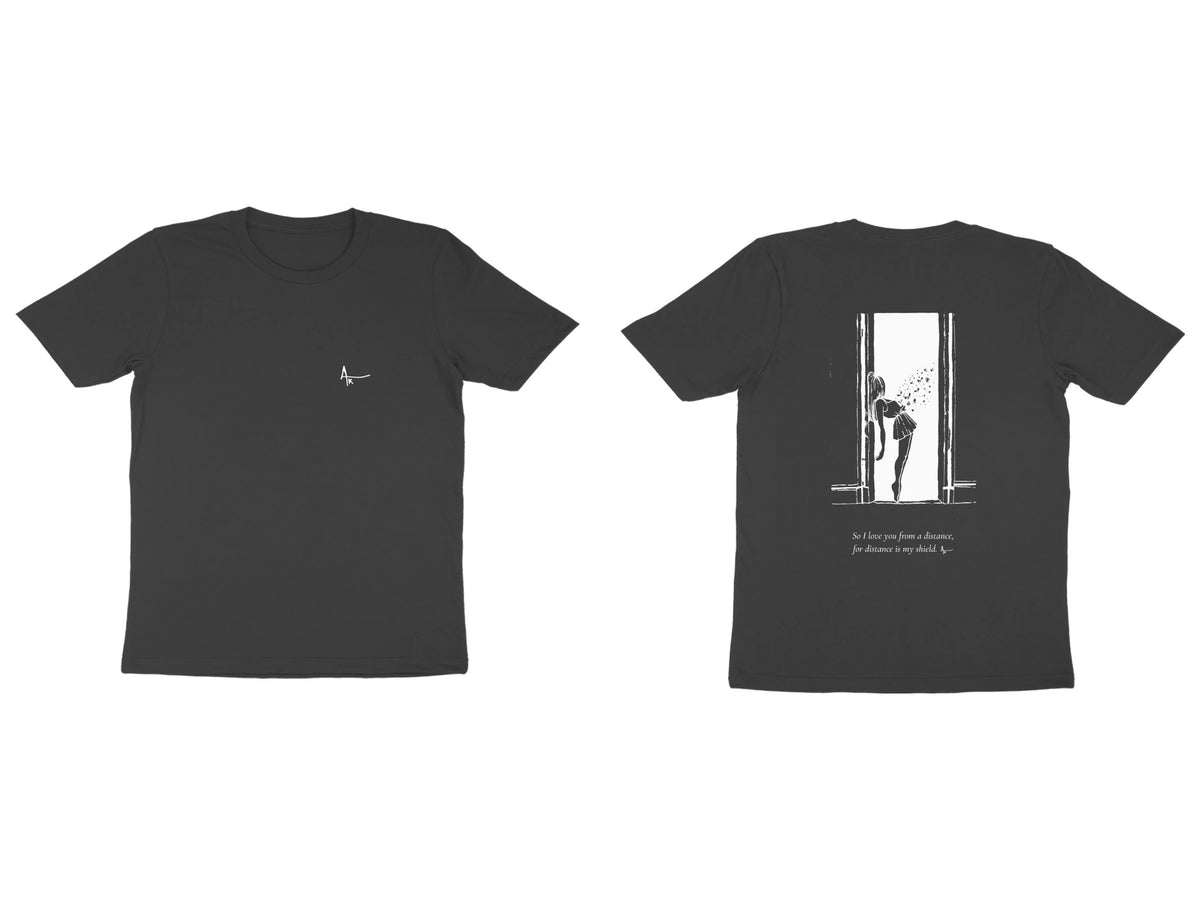 Doorway Tee – Ak logo front, sketch + poem back – Black (front and back)