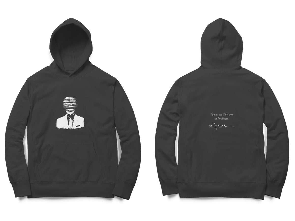 Faceless Hoodie – Sketch front, poem back – Black (front and back)