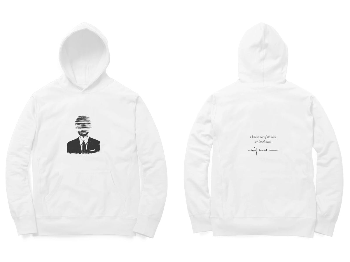 Faceless Hoodie – Sketch front, poem back – White (front and back)