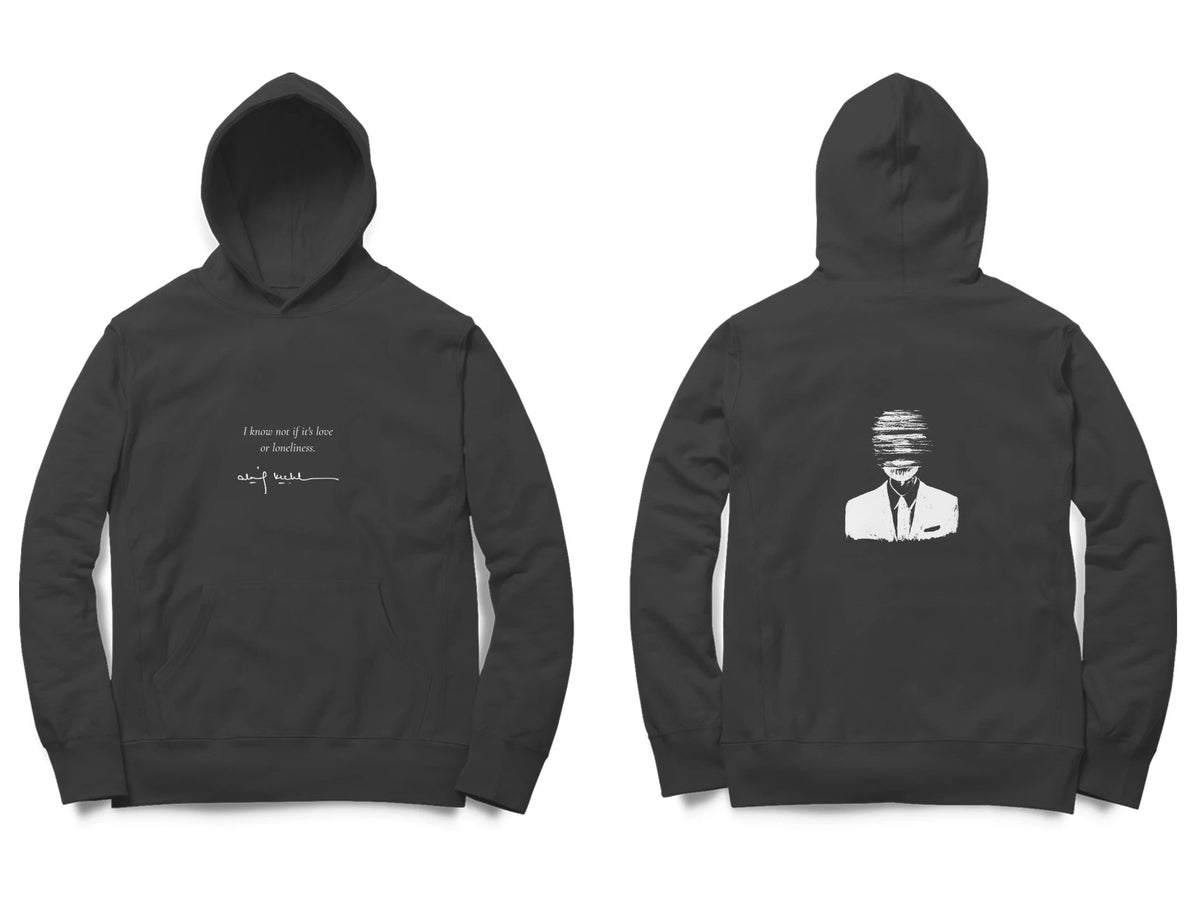 Faceless Hoodie – Poem front, sketch back – Black (front and back)