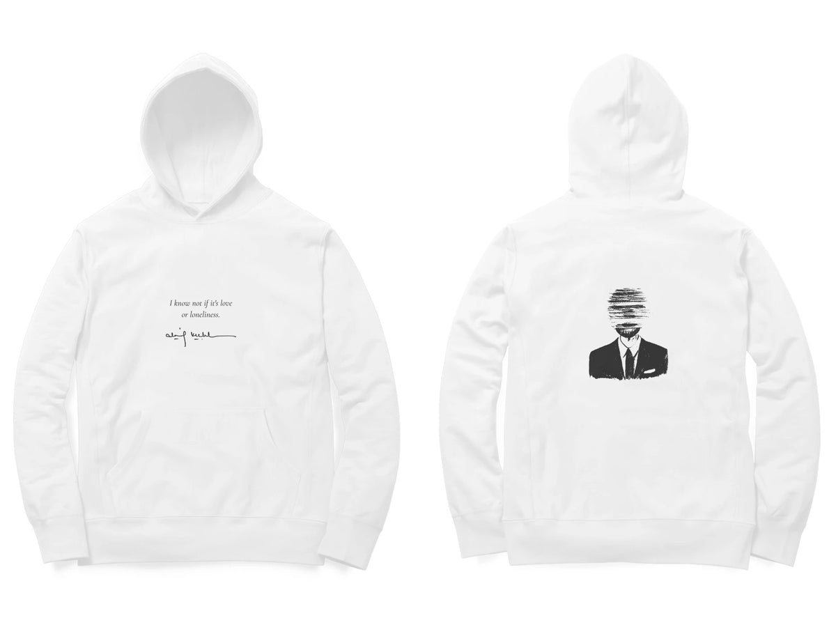 Faceless Hoodie – Poem front, sketch back – White (front and back)