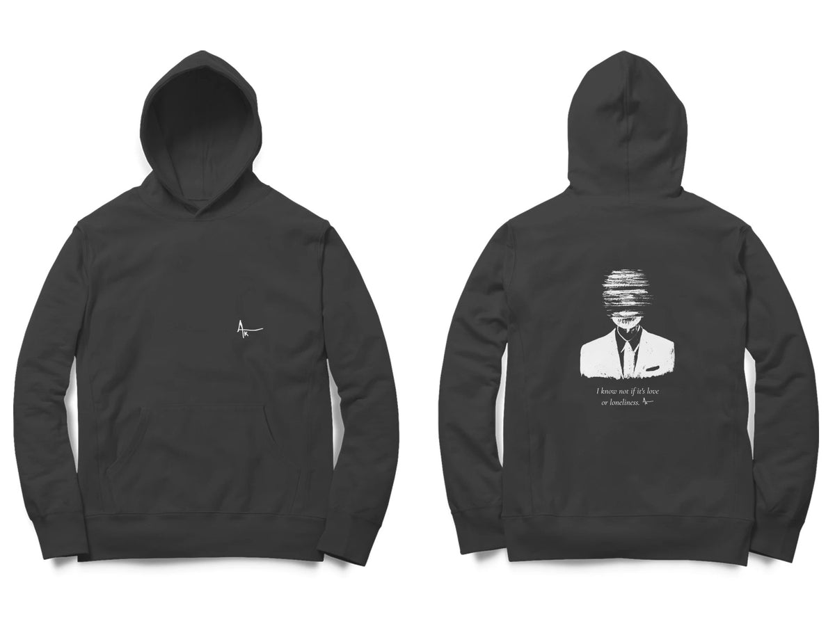 Faceless Hoodie – Ak logo front, sketch + poem back – Black (front and back)