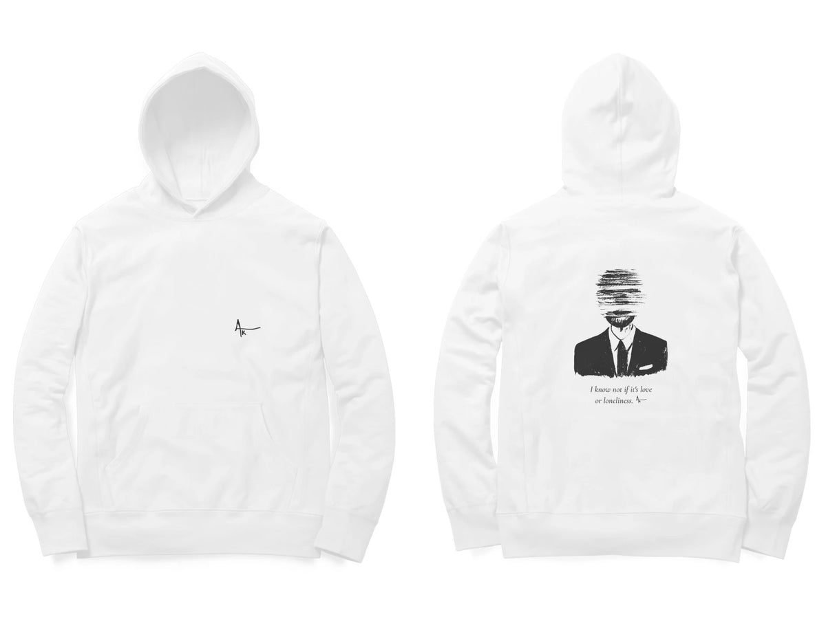 Faceless Hoodie – Ak logo front, sketch + poem back – White (front and back)
