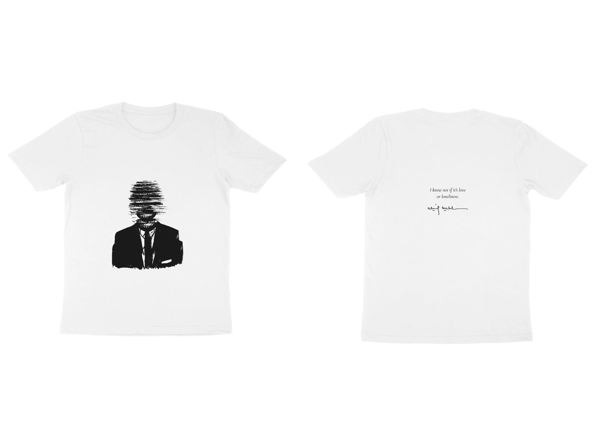 Faceless Tee – Sketch front, poem back – White (front and back)