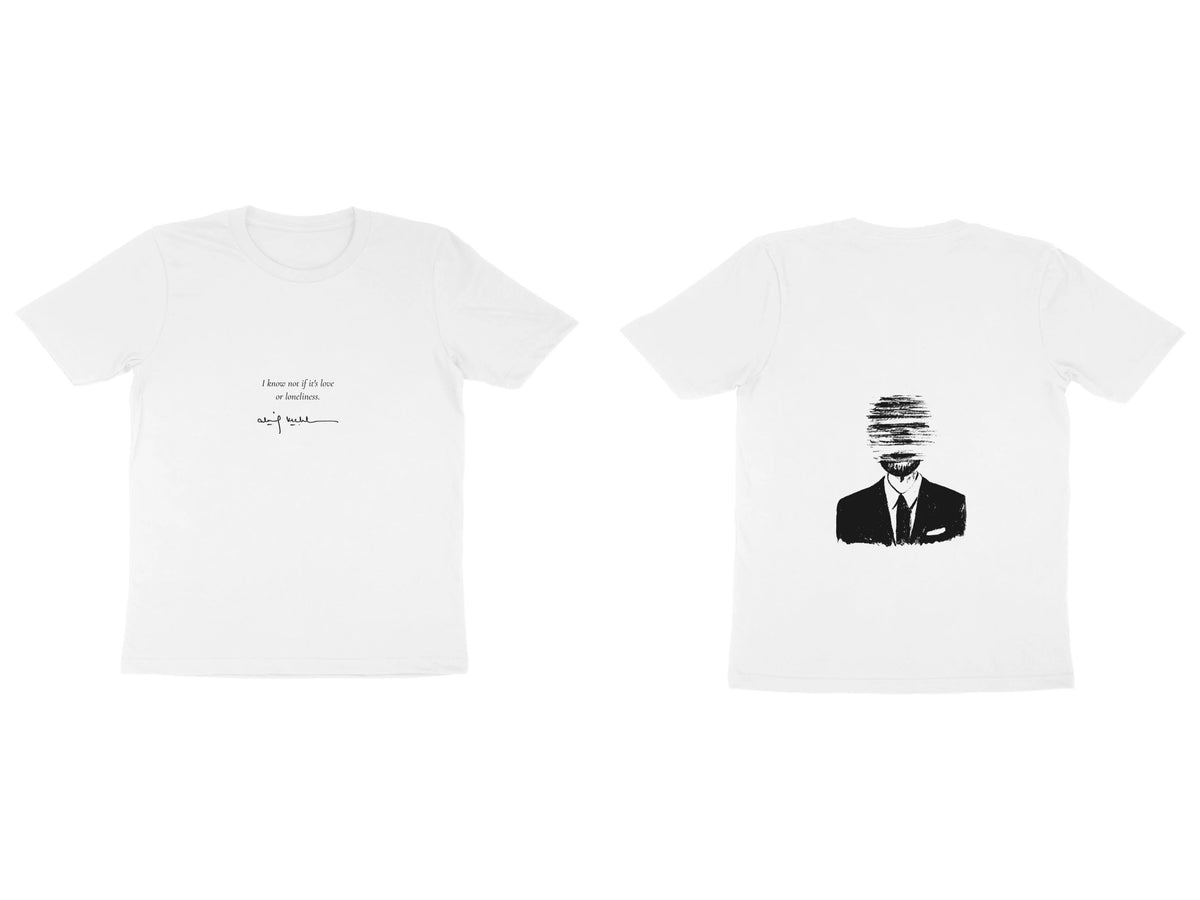 Faceless Tee – Poem front, sketch back – White (front and back)