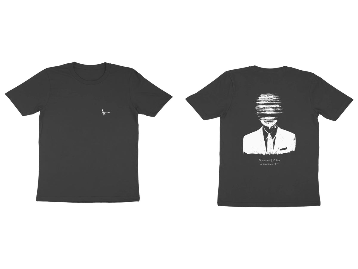 Faceless Tee – Ak logo front, sketch + poem back – Black (front and back)