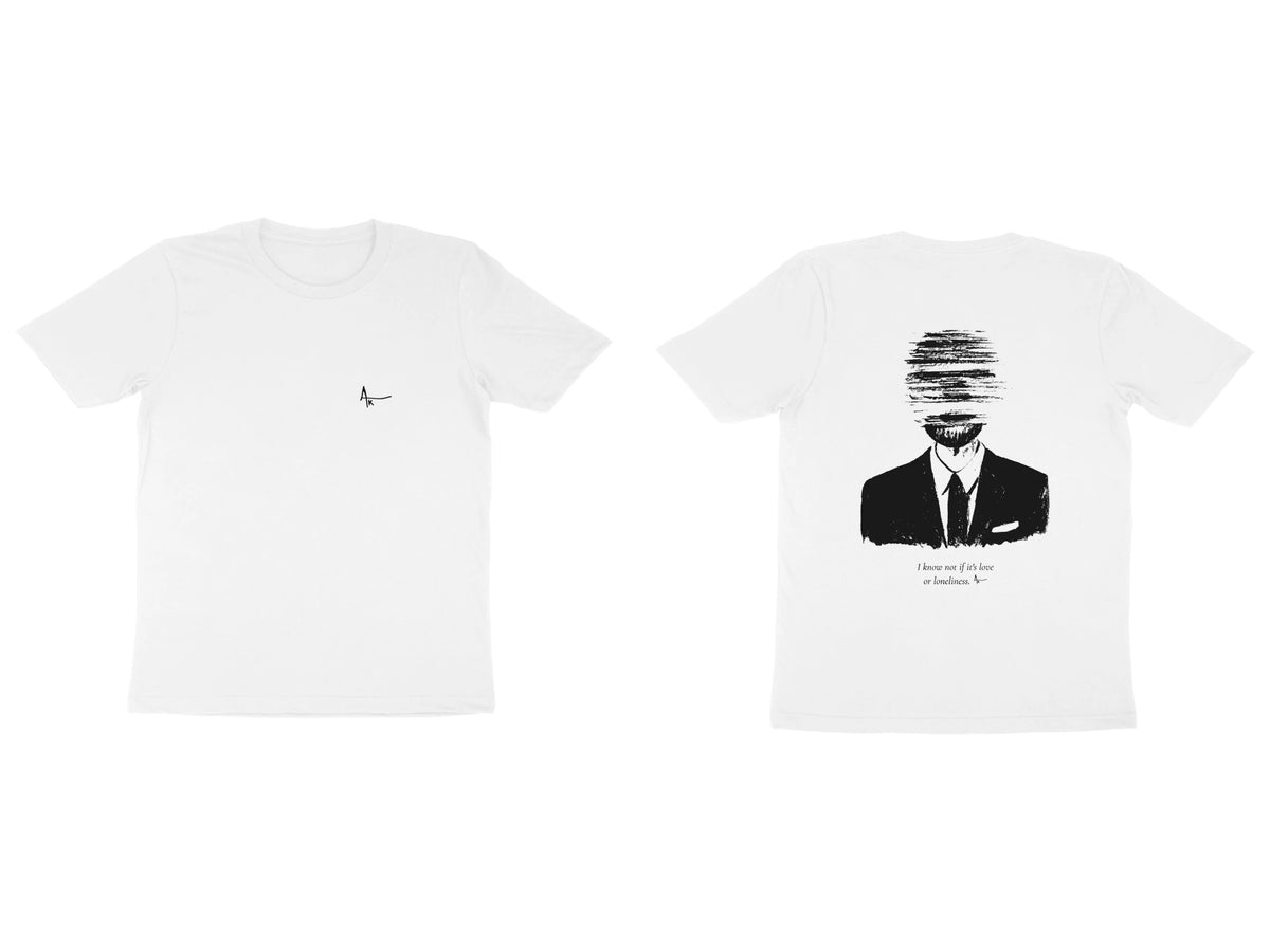 Faceless Tee – Ak logo front, sketch + poem back – White (front and back)