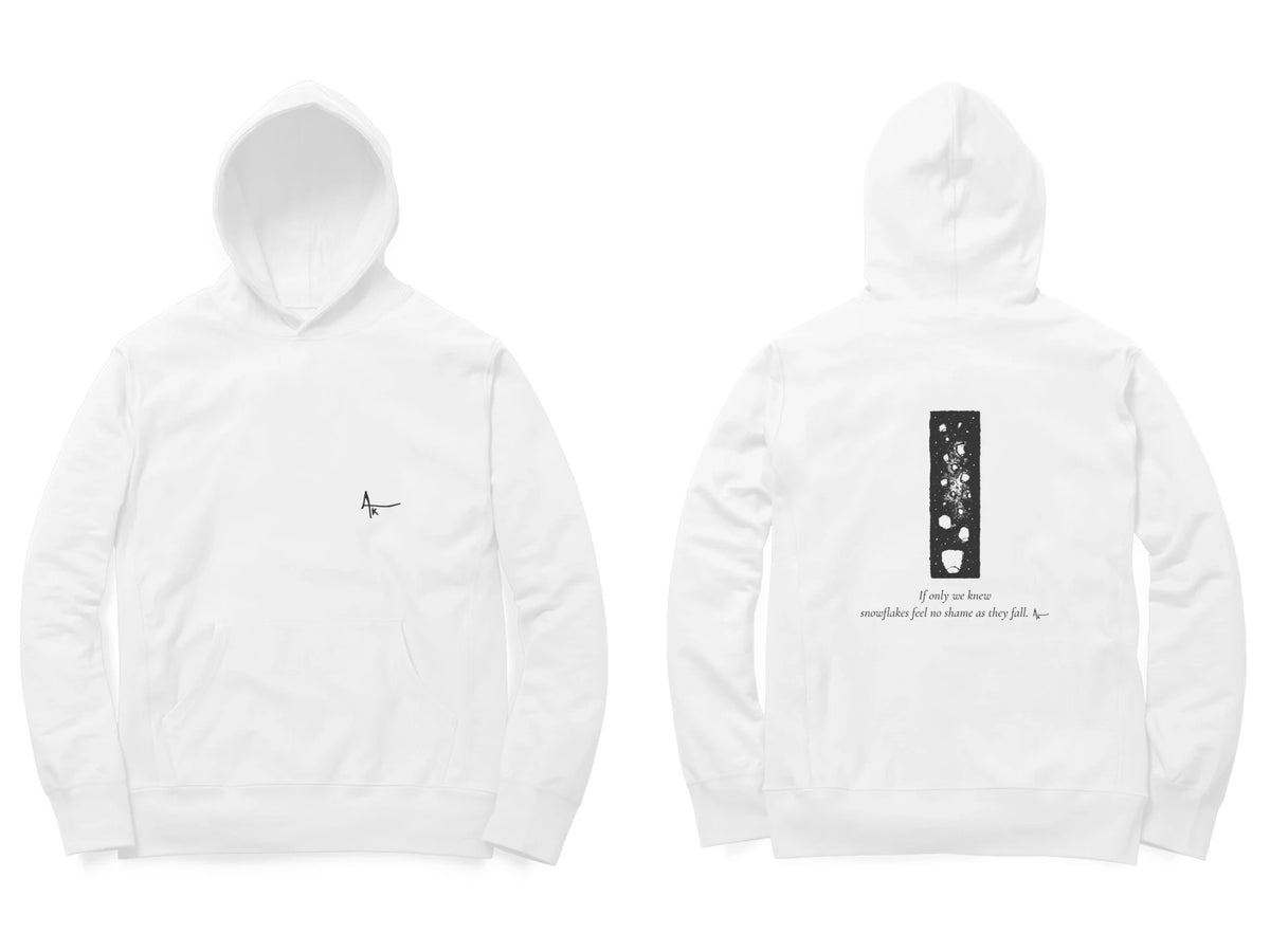 Falling Stars Hoodie – Ak logo front, sketch + poem back – White (front and back)