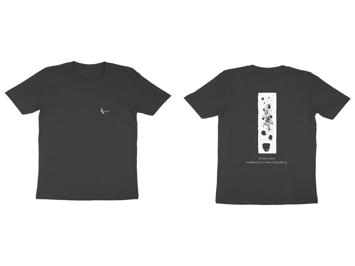 Falling Stars Tee – Ak logo front, sketch + poem back – Black (front and back)