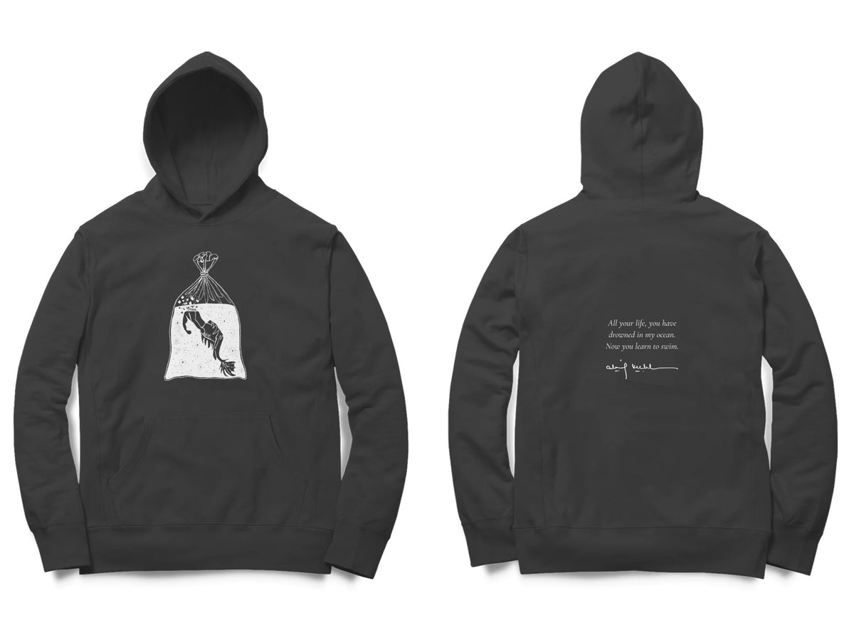 Fish in a Bag Hoodie – Sketch front, poem back – Black (front and back)