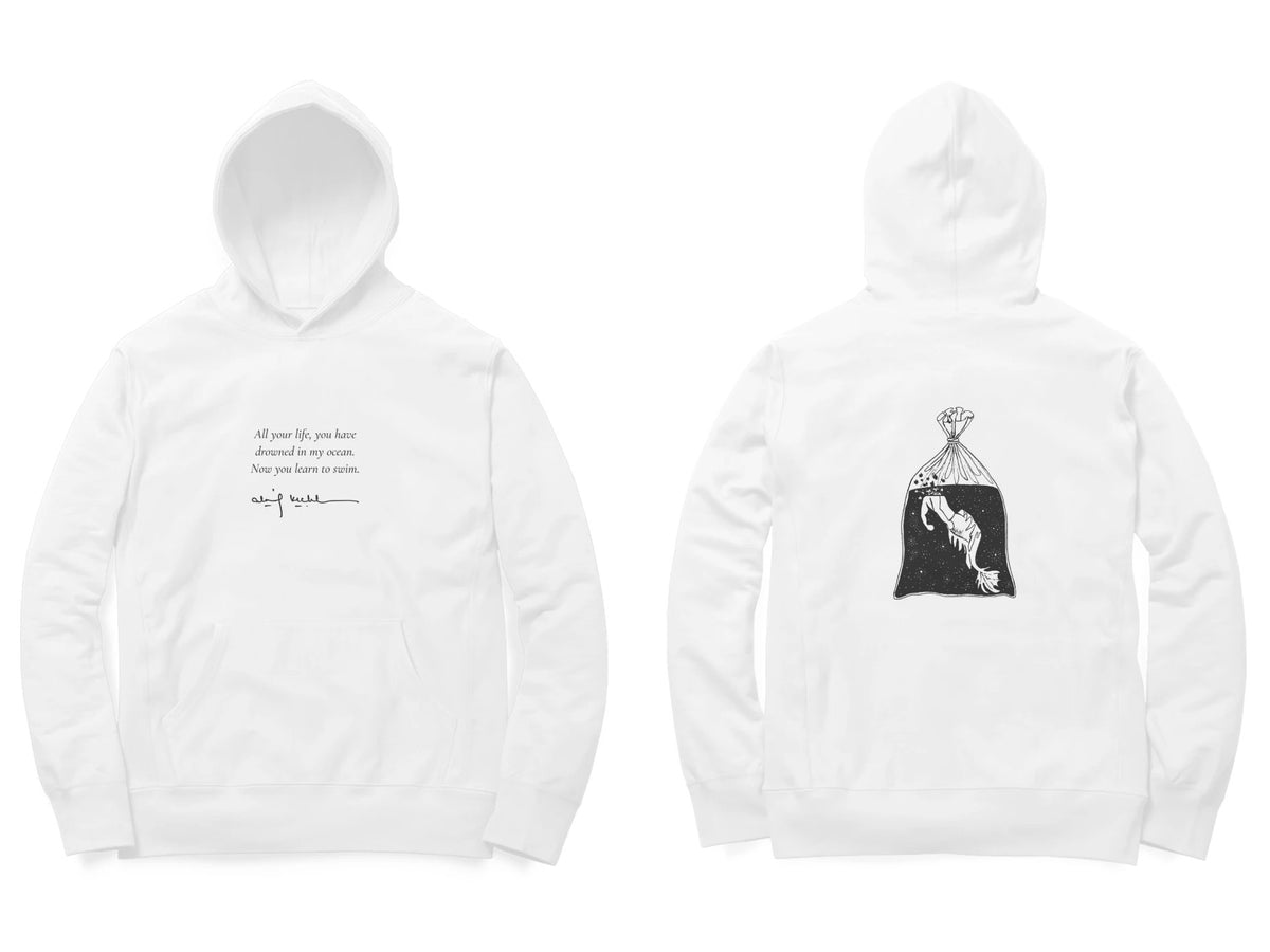 Fish in a Bag Hoodie – Poem front, sketch back – White (front and back)