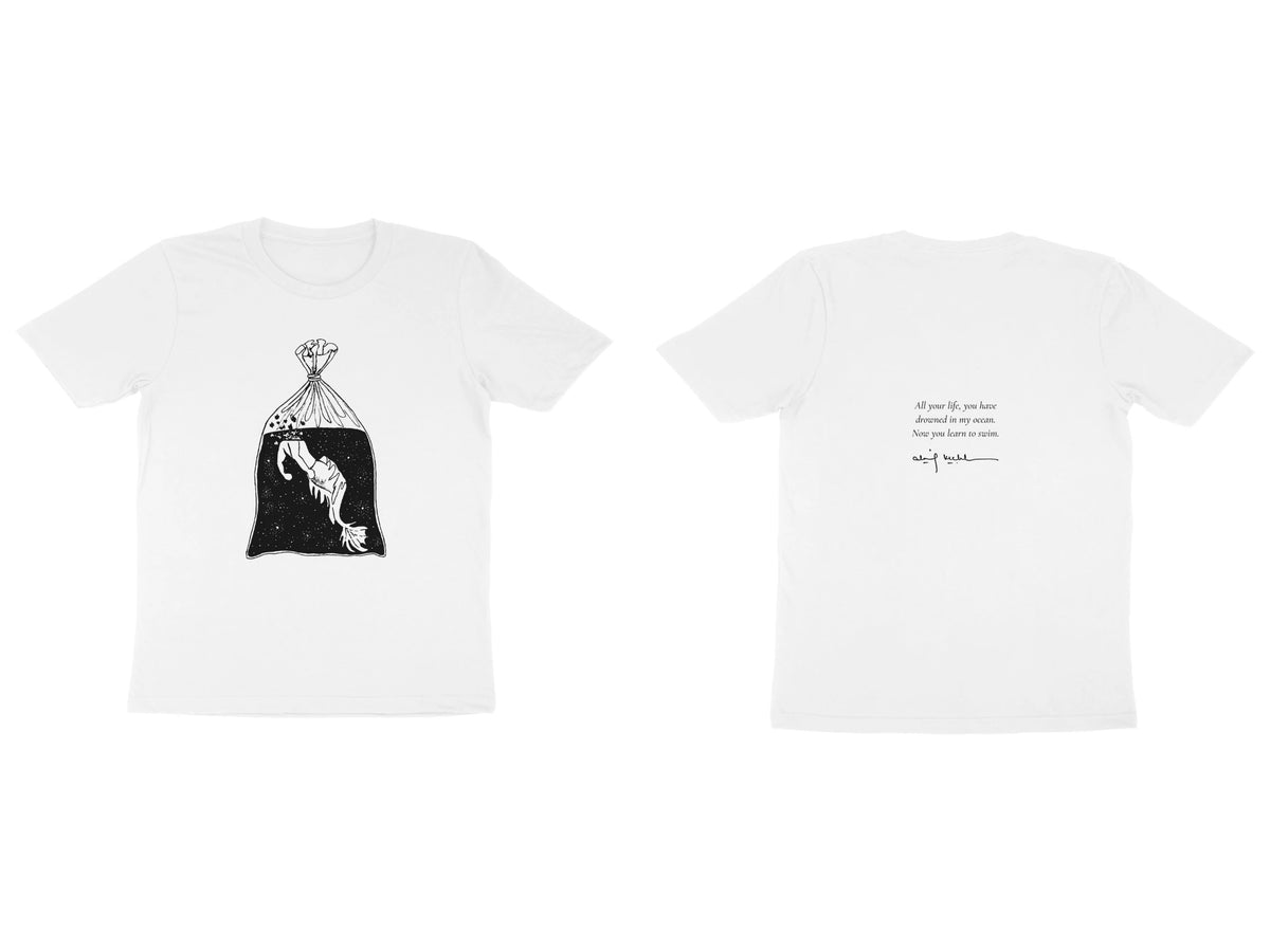 Fish in a Bag Tee – Sketch front, poem back – White (front and back)