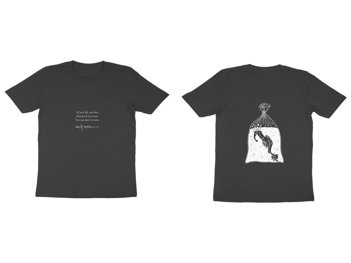 Fish in a Bag Tee – Poem front, sketch back – Black (front and back)