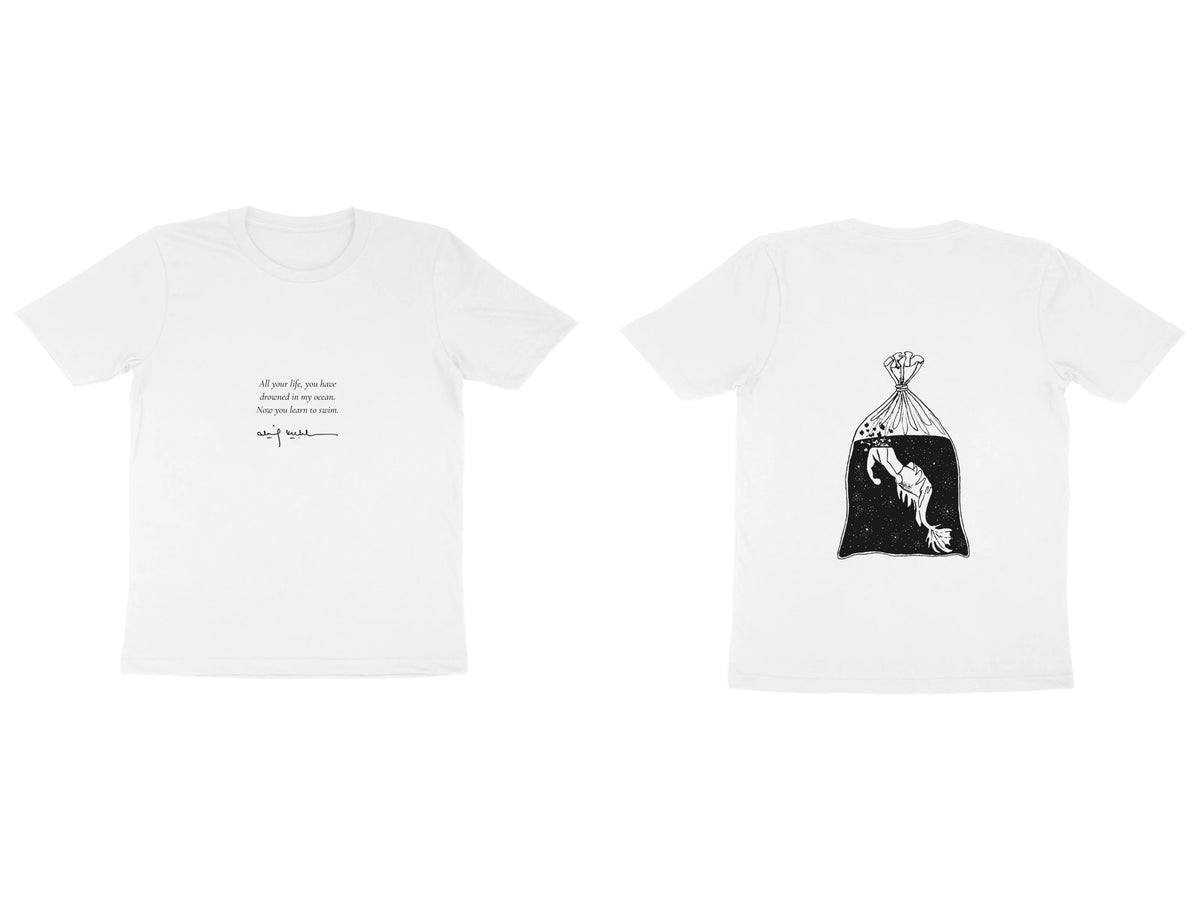 Fish in a Bag Tee – Poem front, sketch back – White (front and back)