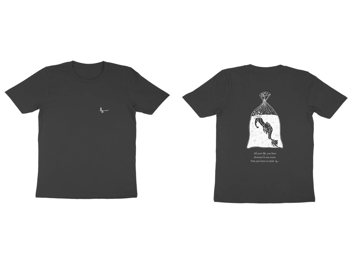 Fish in a Bag Tee – Ak logo front, sketch + poem back – Black (front and back)
