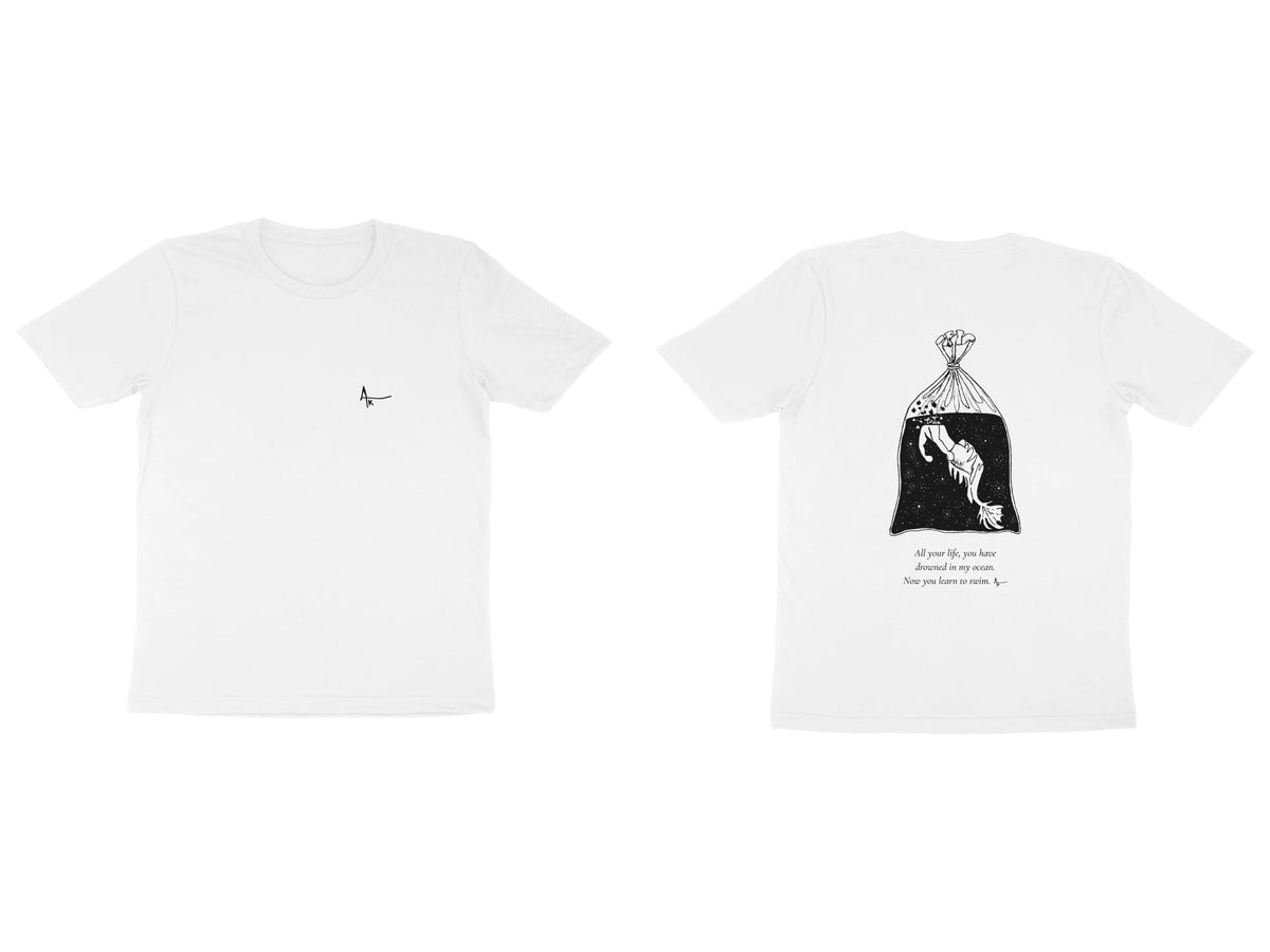 Fish in a Bag Tee – Ak logo front, sketch + poem back – White (front and back)
