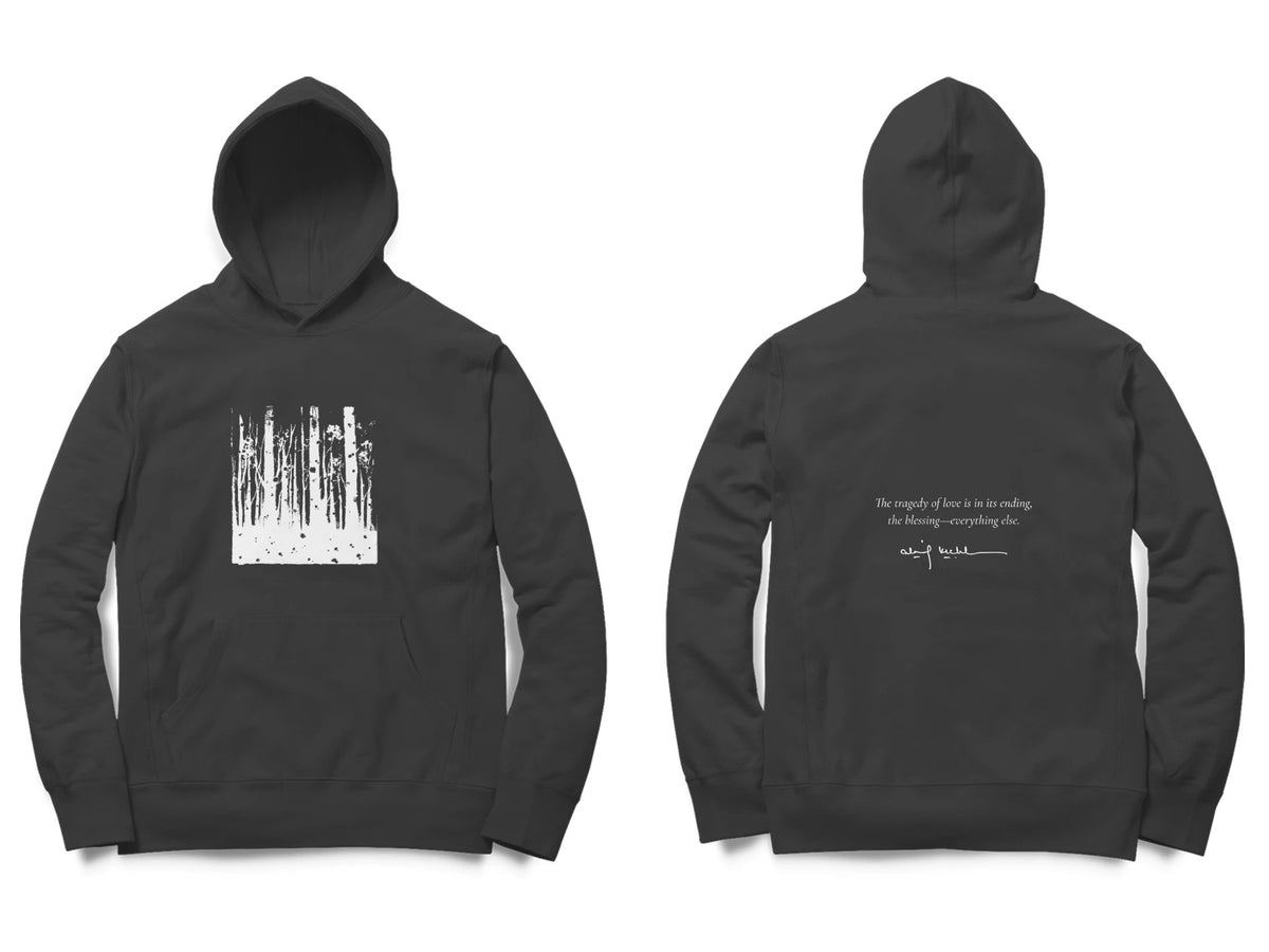 Forest Hoodie – Sketch front, poem back – Black (front and back)