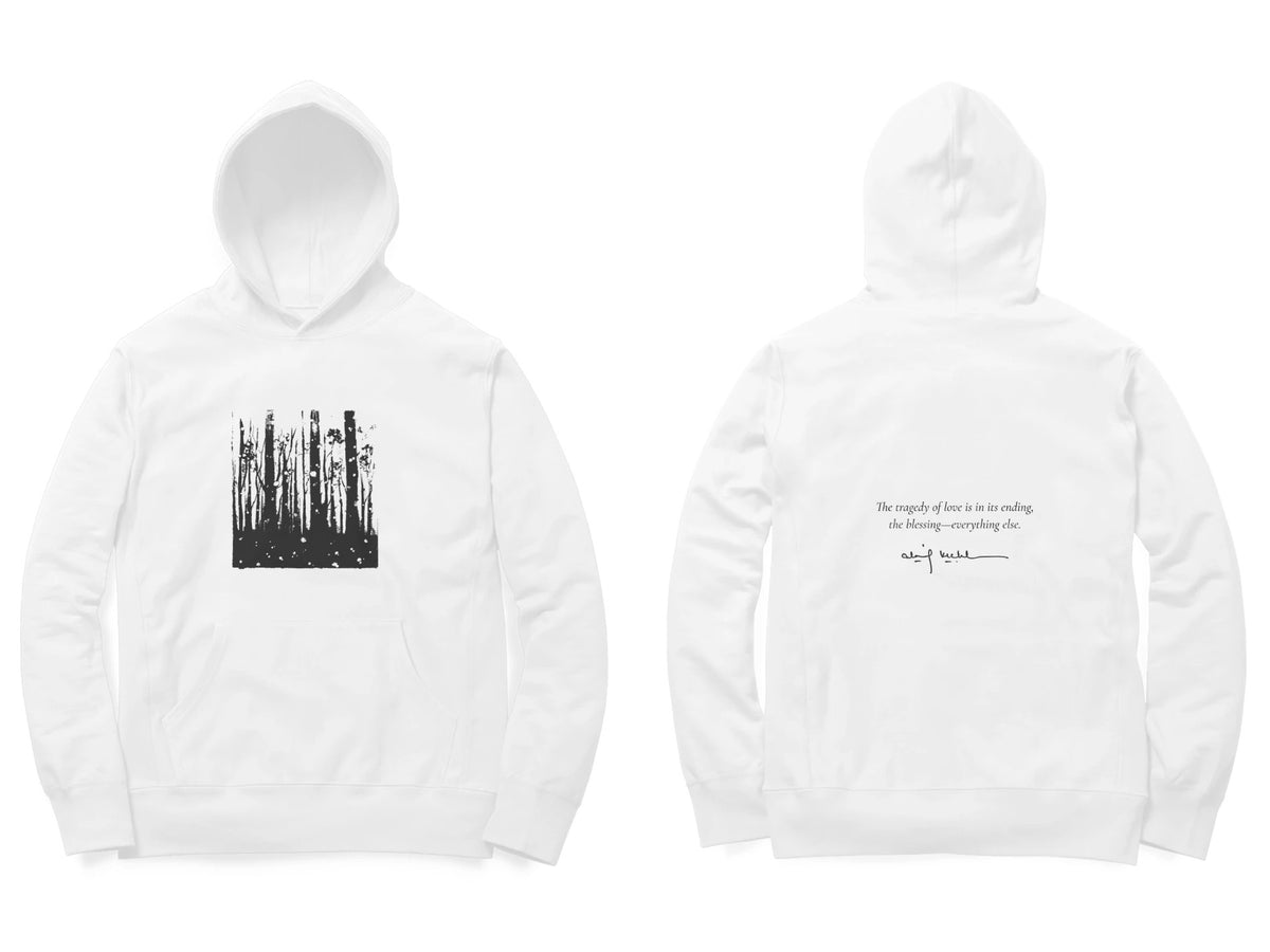 Forest Hoodie – Sketch front, poem back – White (front and back)