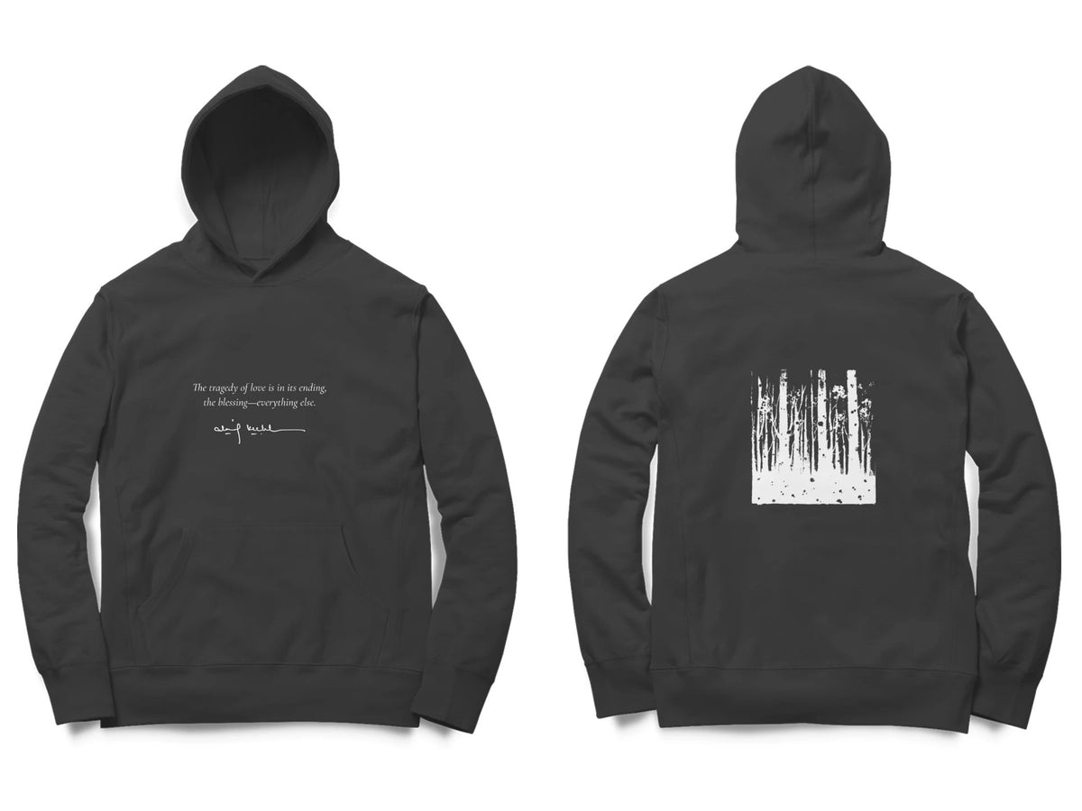 Forest Hoodie – Poem front, sketch back – Black (front and back)