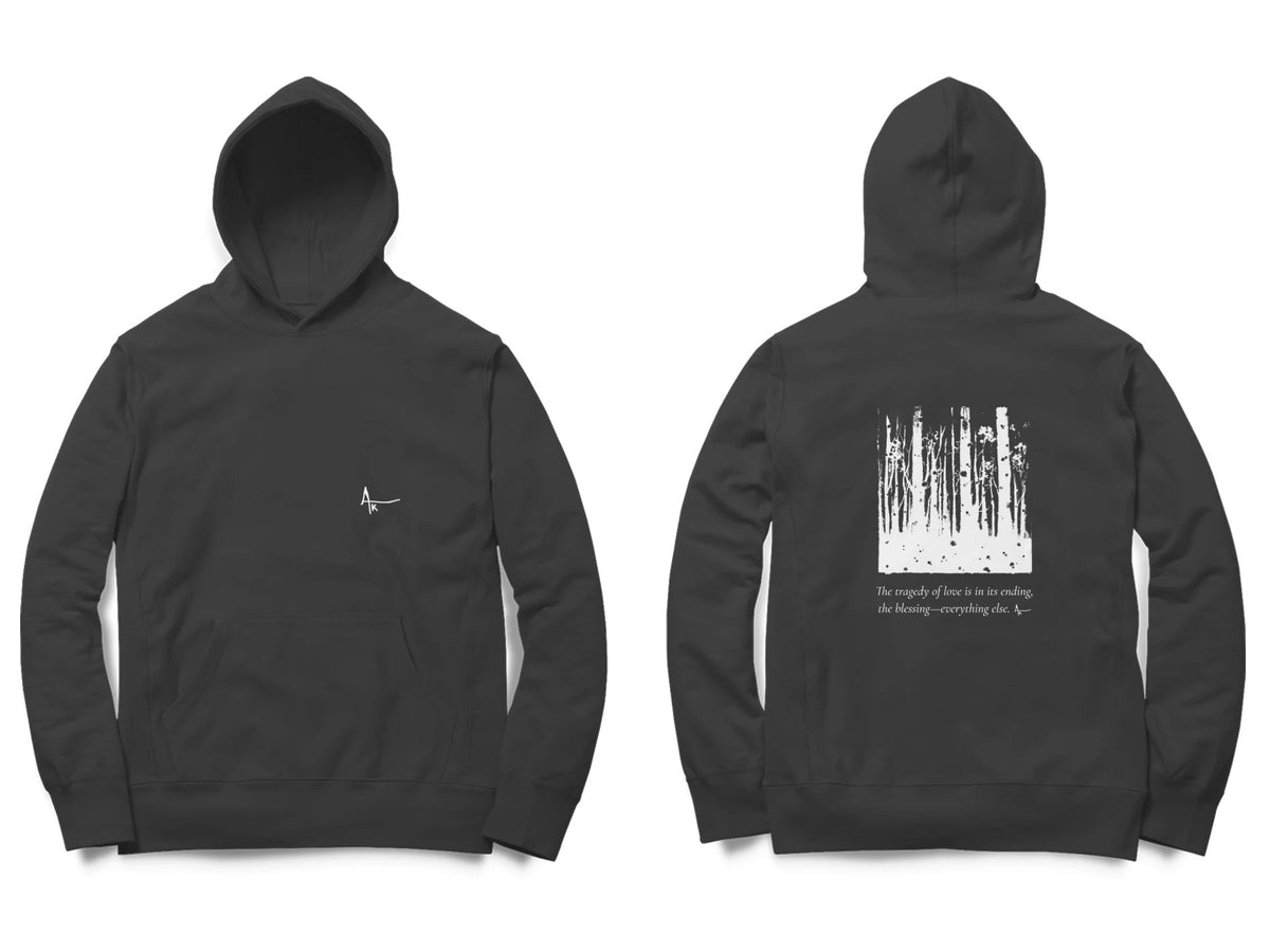 Forest Hoodie – Ak logo front, sketch + poem back – Black (front and back)