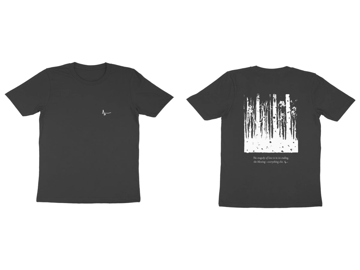Forest Tee – Ak logo front, sketch + poem back – Black (front and back)
