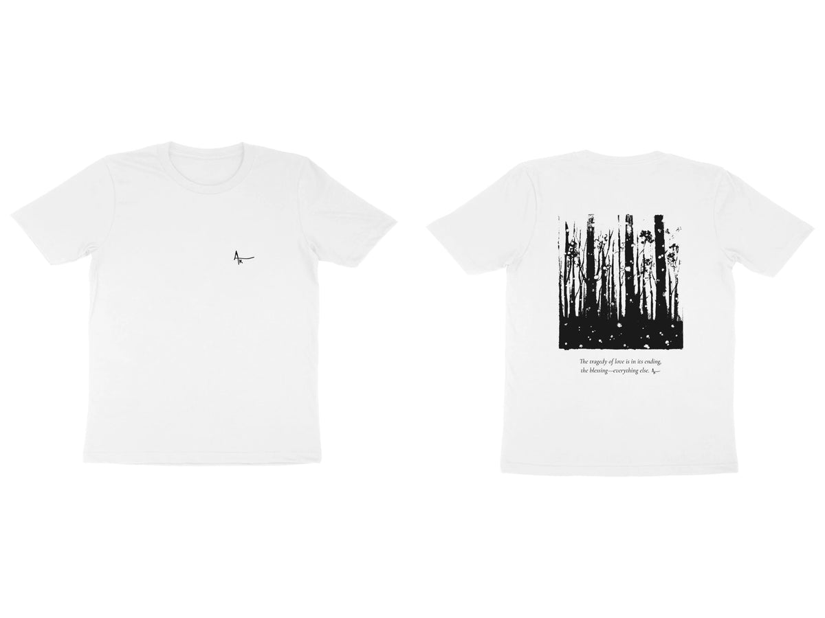 Forest Tee – Ak logo front, sketch + poem back – White (front and back)