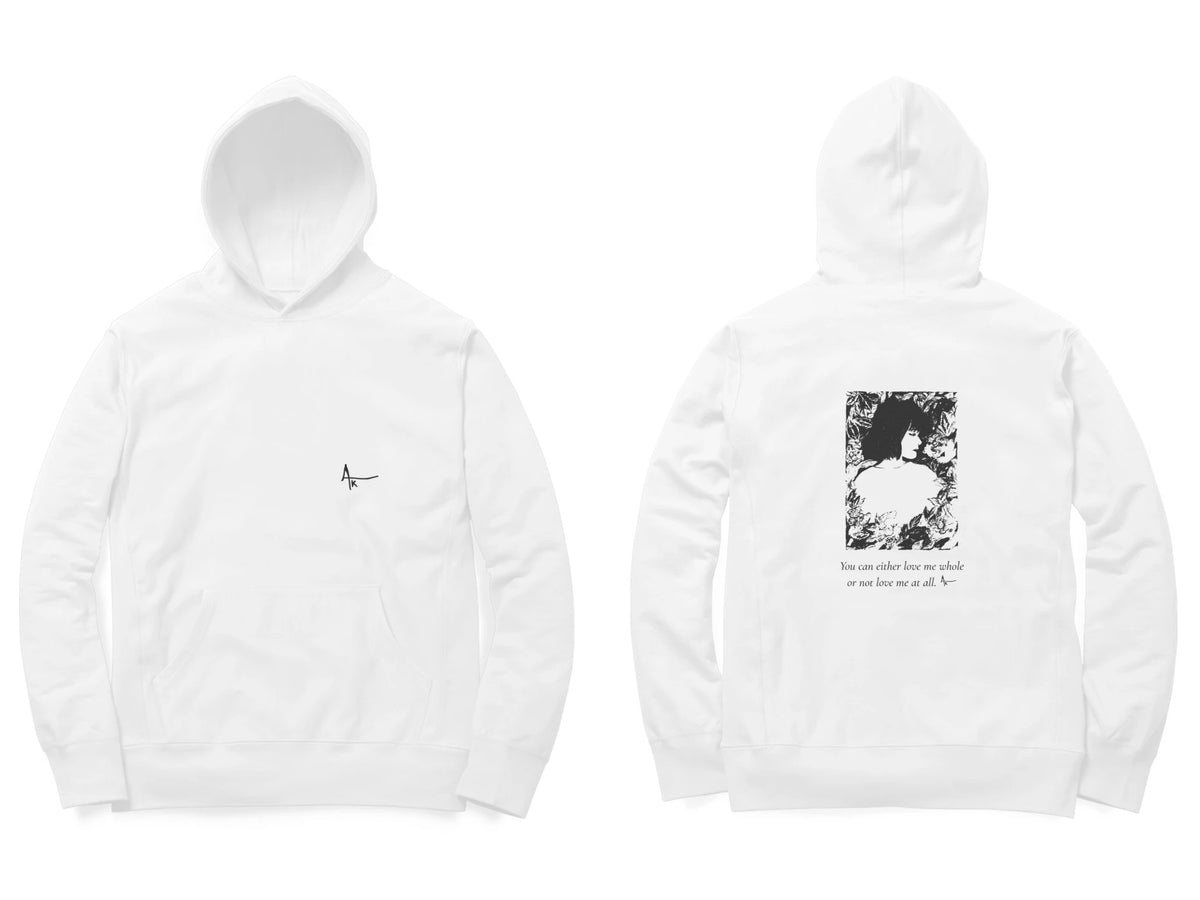 Girl in Bloom Hoodie – Ak logo front, sketch + poem back – White (front and back)
