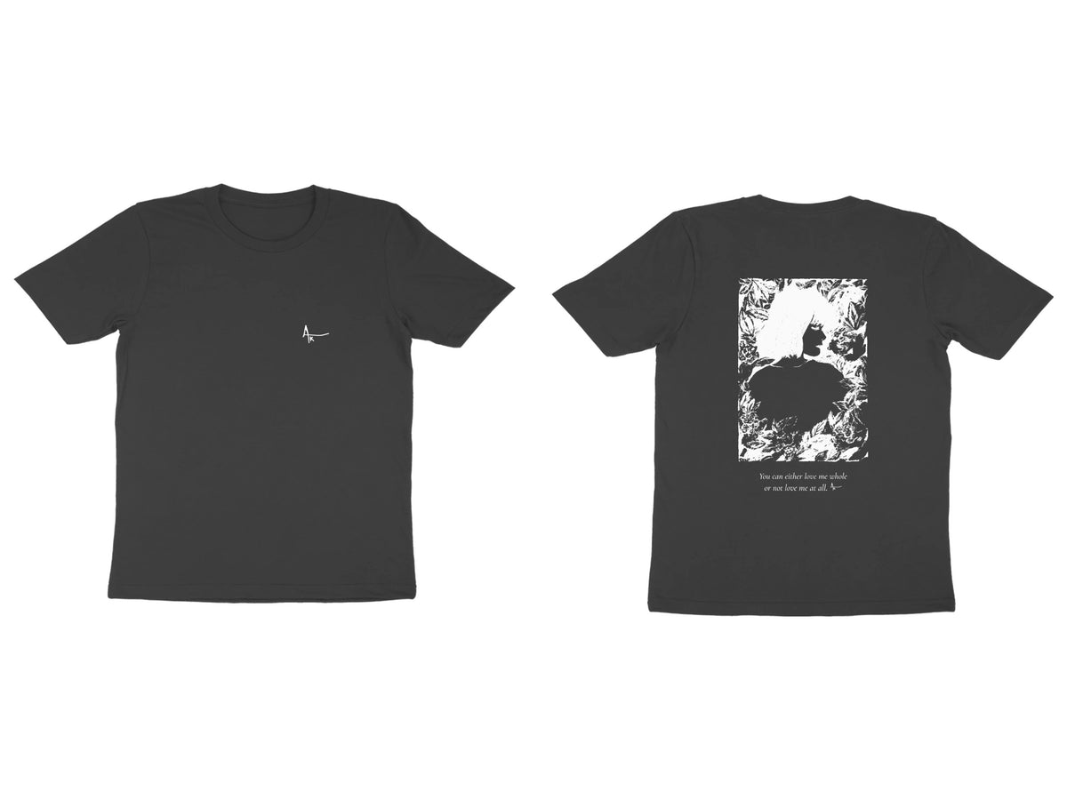 Girl in Bloom Tee – Ak logo front, sketch + poem back – Black (front and back)