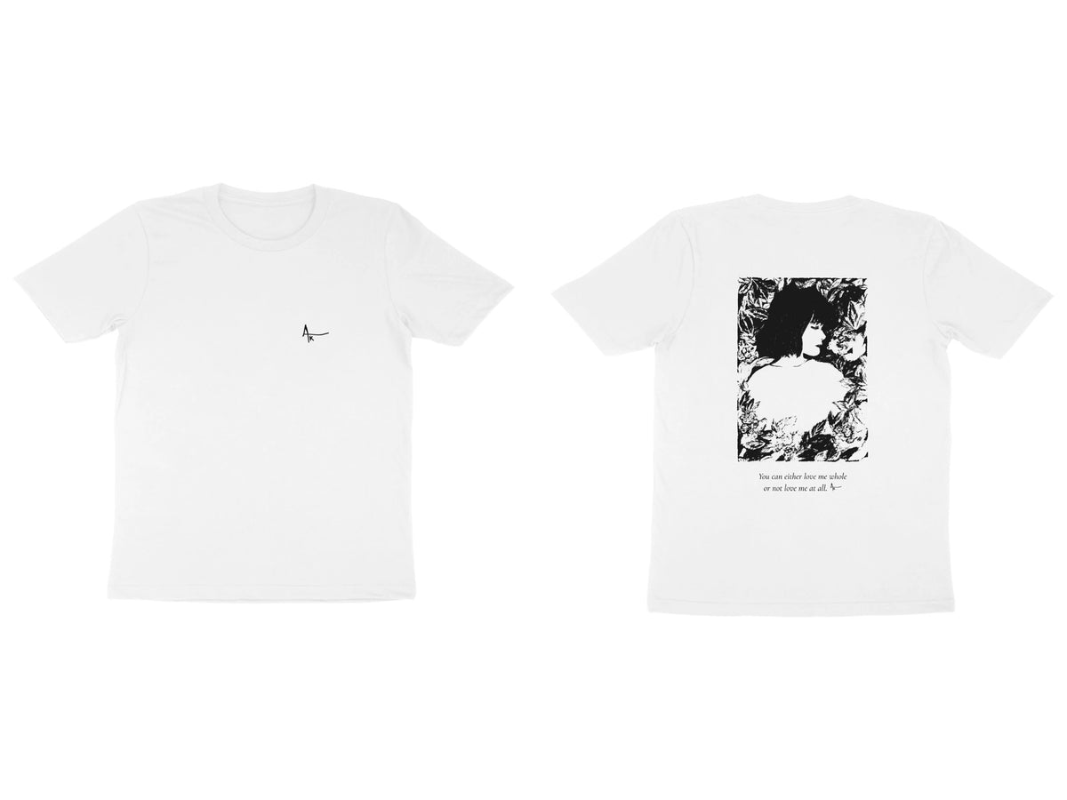 Girl in Bloom Tee – Ak logo front, sketch + poem back – White (front and back)