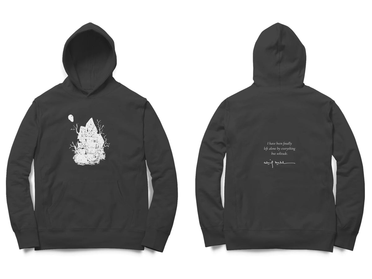Haunted House Hoodie – Sketch front, poem back – Black (front and back)