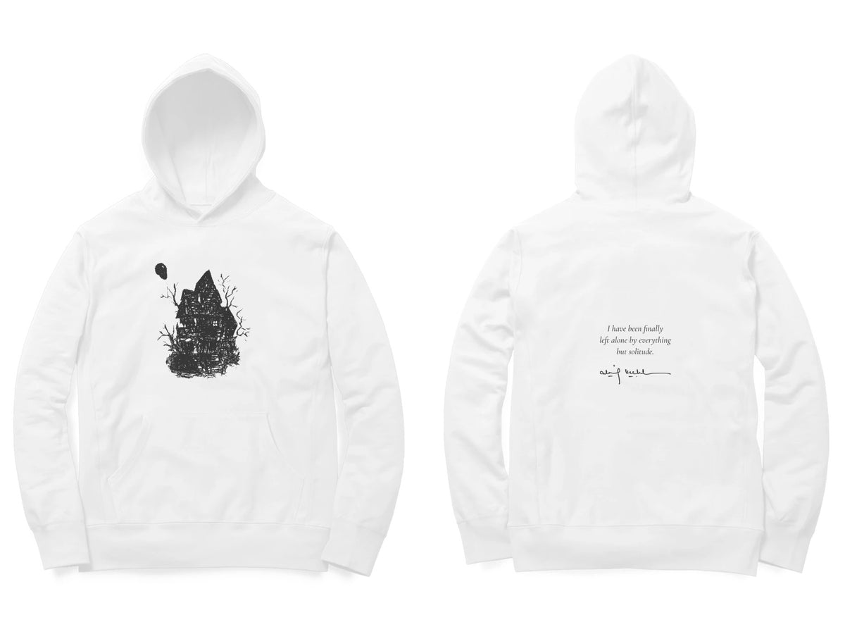 Haunted House Hoodie – Sketch front, poem back – White (front and back)