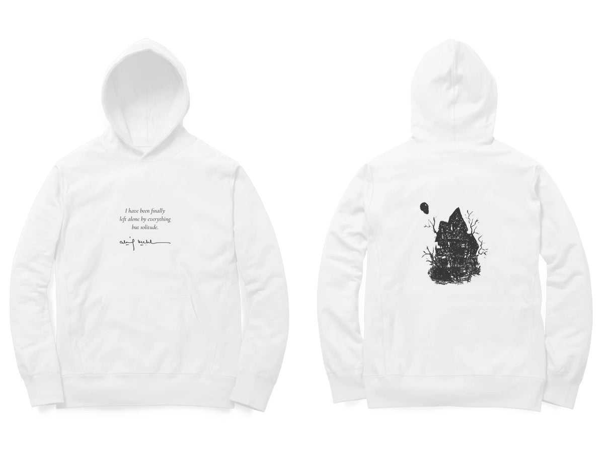 Haunted House Hoodie – Poem front, sketch back – White (front and back)