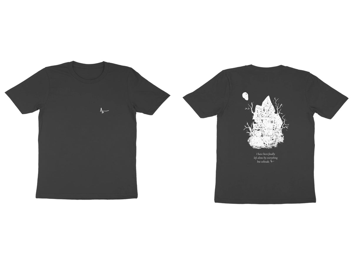 Haunted House Tee – Ak logo front, sketch + poem back – Black (front and back)