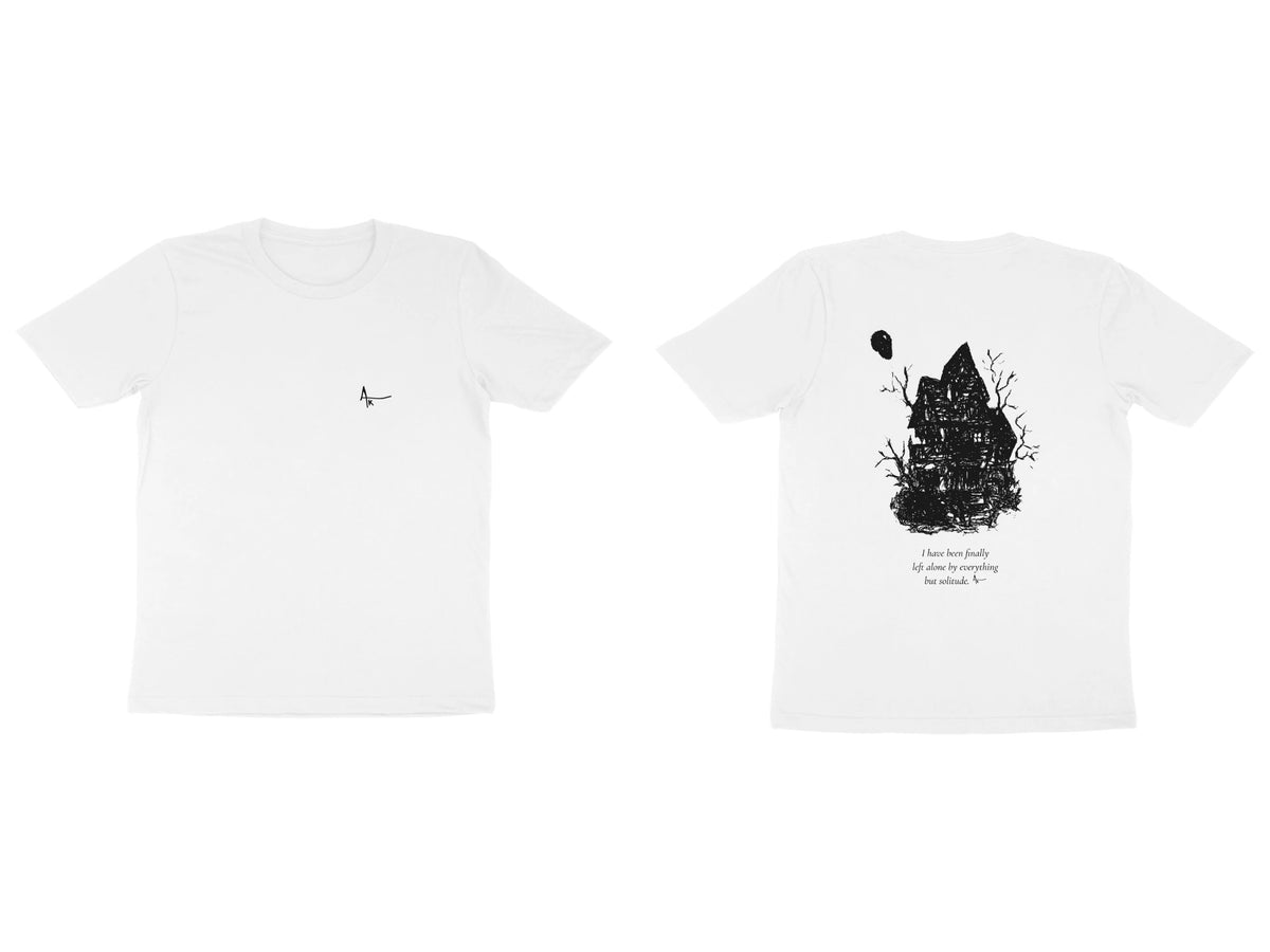 Haunted House Tee – Ak logo front, sketch + poem back – White (front and back)