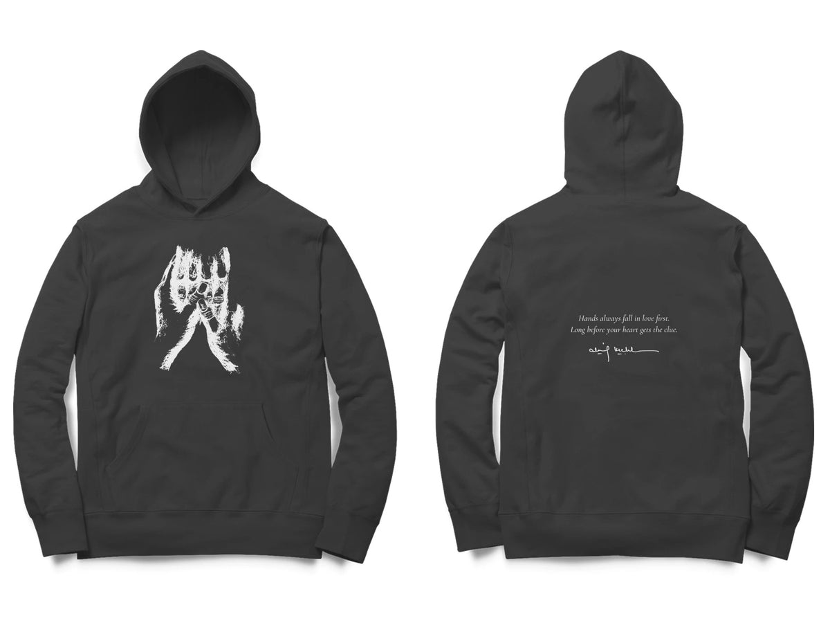 Held Hands Hoodie – Sketch front, poem back – Black (front and back)