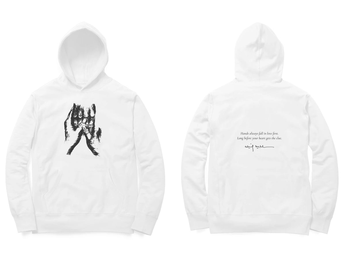 Held Hands Hoodie – Sketch front, poem back – White (front and back)