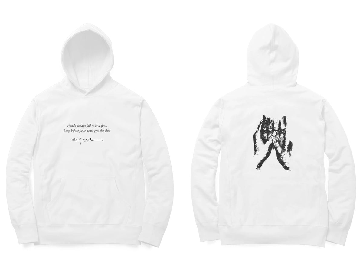 Held Hands Hoodie – Poem front, sketch back – White (front and back)
